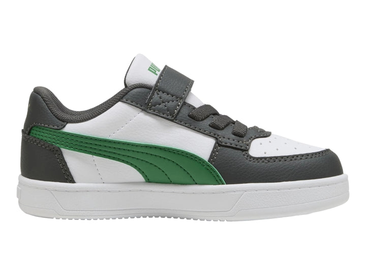 Tenis PUMA Caven 2.0 AC+PS para niño en colores blanco, gris y verde con cierre de correa y agujetas.