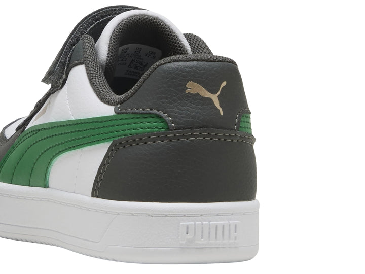 Tenis PUMA Caven 2.0 AC+PS para niño en colores blanco, gris y verde con cierre de correa y agujetas.