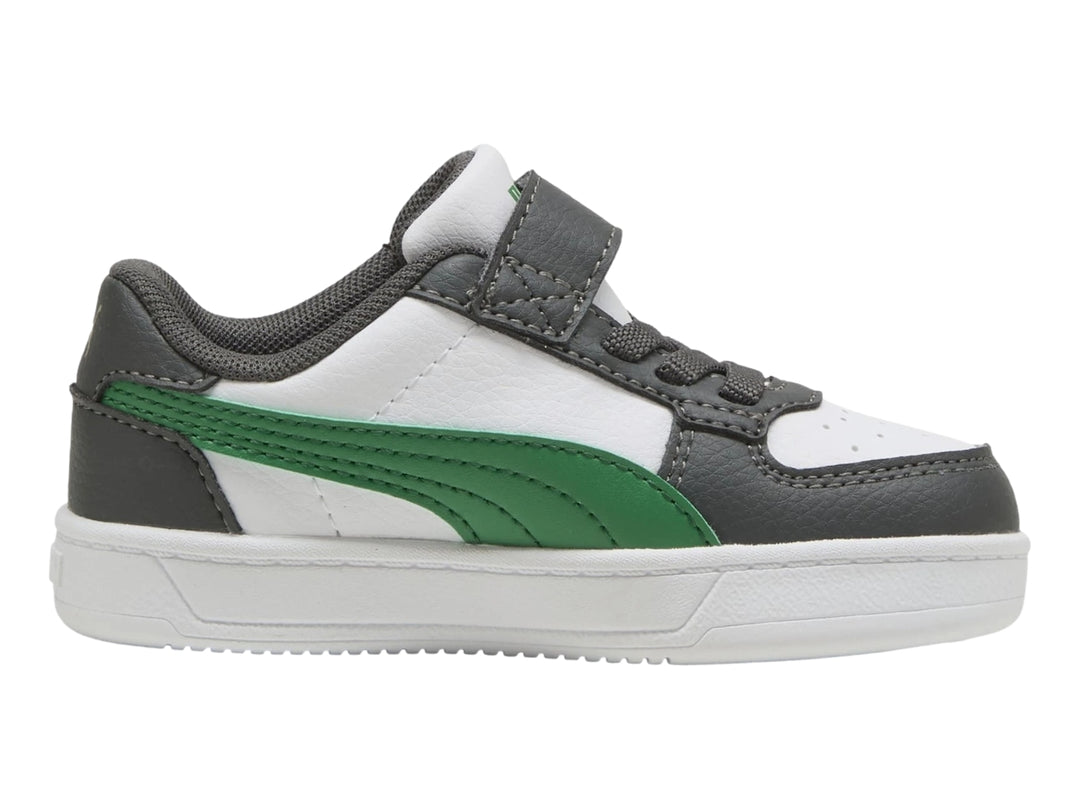 Tenis PUMA Caven AC+ INF para niños en colores blanco, gris y verde con cierre de velcro y suela blanca.