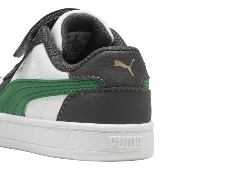 Tenis PUMA Caven AC+ INF para niños en colores blanco, gris y verde con cierre de velcro y suela blanca.