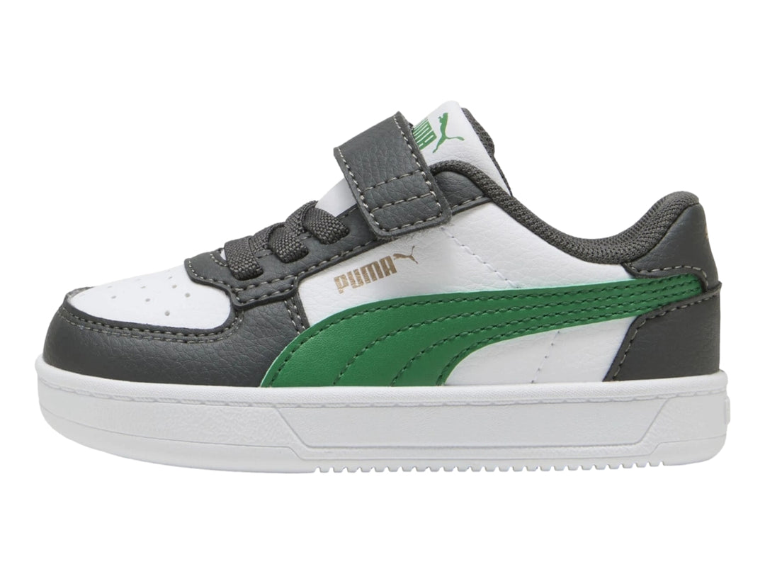 Tenis PUMA Caven AC+ INF para niños en colores blanco, gris y verde con cierre de velcro y suela blanca.