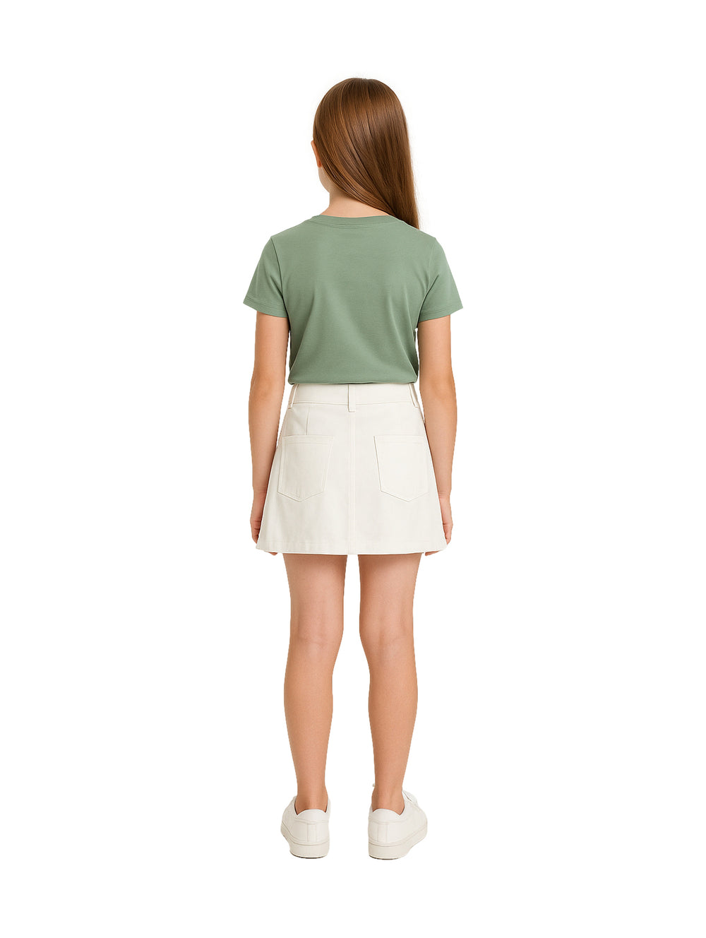 Niña vistiendo una falda blanca corta con bolsillos frontales y camiseta verde.