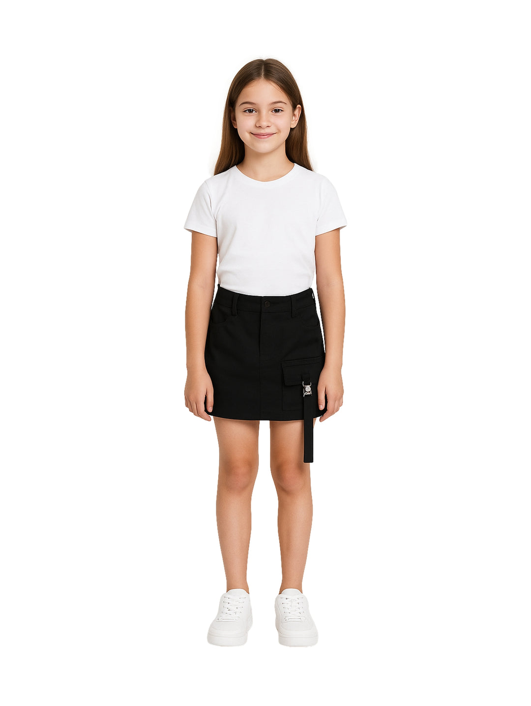 Niña vistiendo una falda cargo color negro con bolsillo lateral y camiseta blanca.
