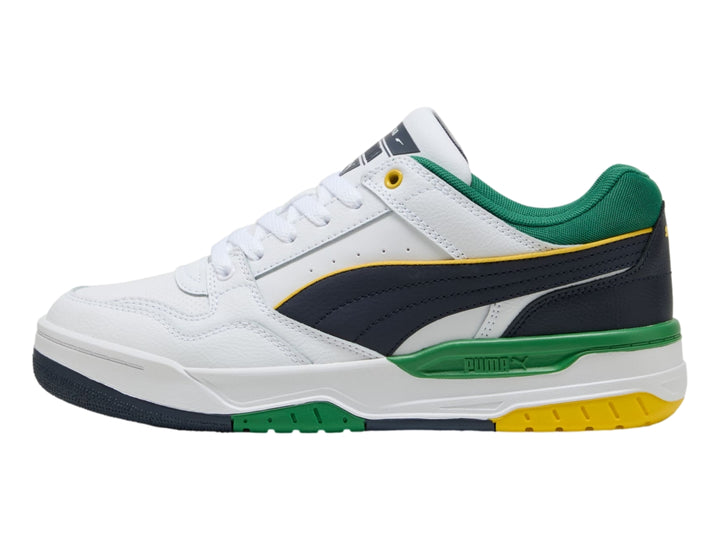Tenis PUMA Rebound Retro blancos con acentos en verde, azul marino y amarillo.