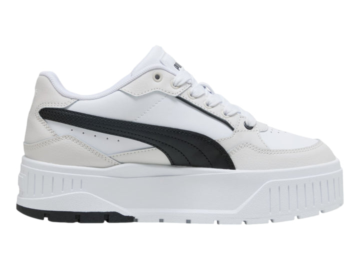 Tenis PUMA modelo Carmen II L en color blanco con detalles en negro y gris, con suela de plataforma elevada.
