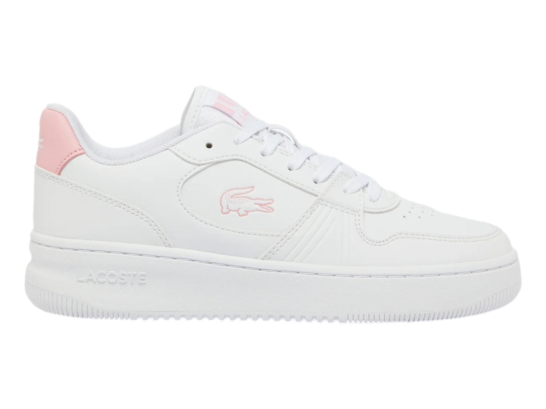 Tenis Lacoste blancos con detalles en color rosa claro y suela blanca.
