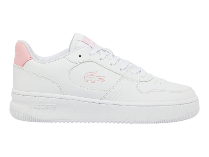Tenis Lacoste blancos con detalles en color rosa claro y suela blanca.