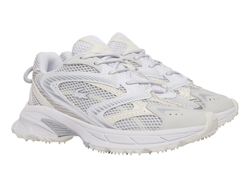 Tenis deportivos Lacoste Neo Shot en color blanco y blanco roto con diseño de malla y suela robusta.