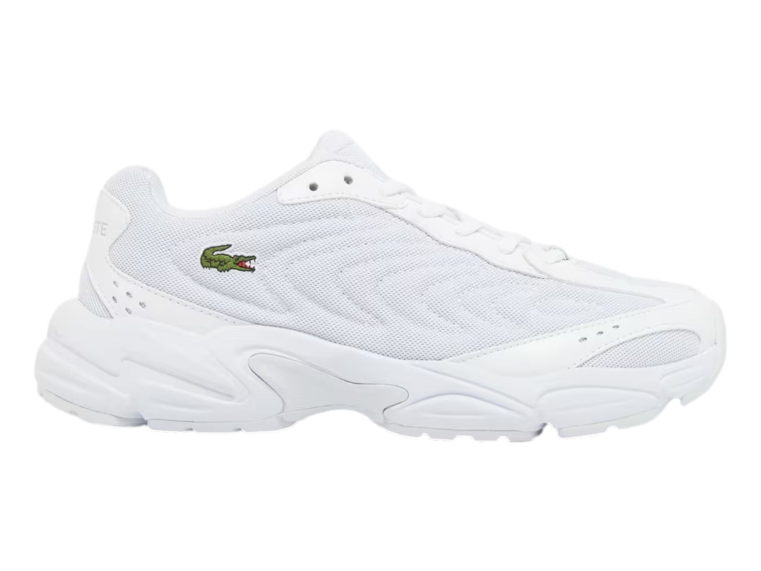 Tenis deportivos Lacoste color blanco con suela ancha y diseño moderno en malla sintética.