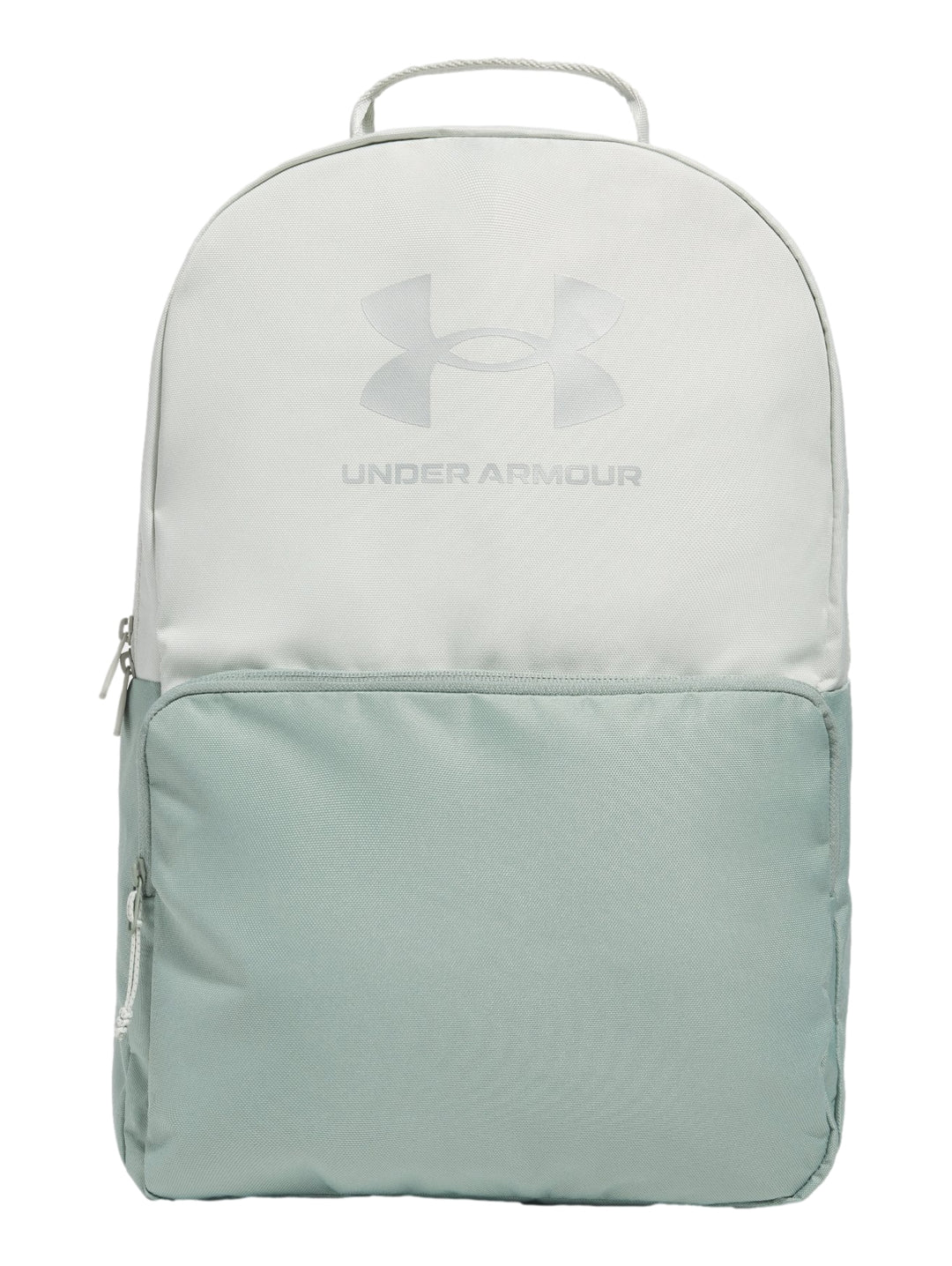 Mochila Under Armour bicolor en tonos verde claro y verde grisáceo con diseño deportivo.
