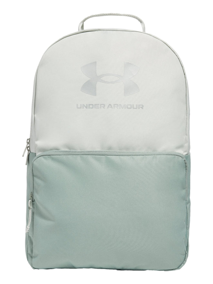 Mochila Under Armour bicolor en tonos verde claro y verde grisáceo con diseño deportivo.