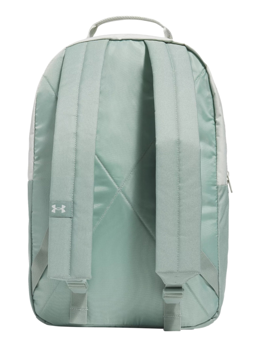 Mochila Under Armour bicolor en tonos verde claro y verde grisáceo con diseño deportivo.
