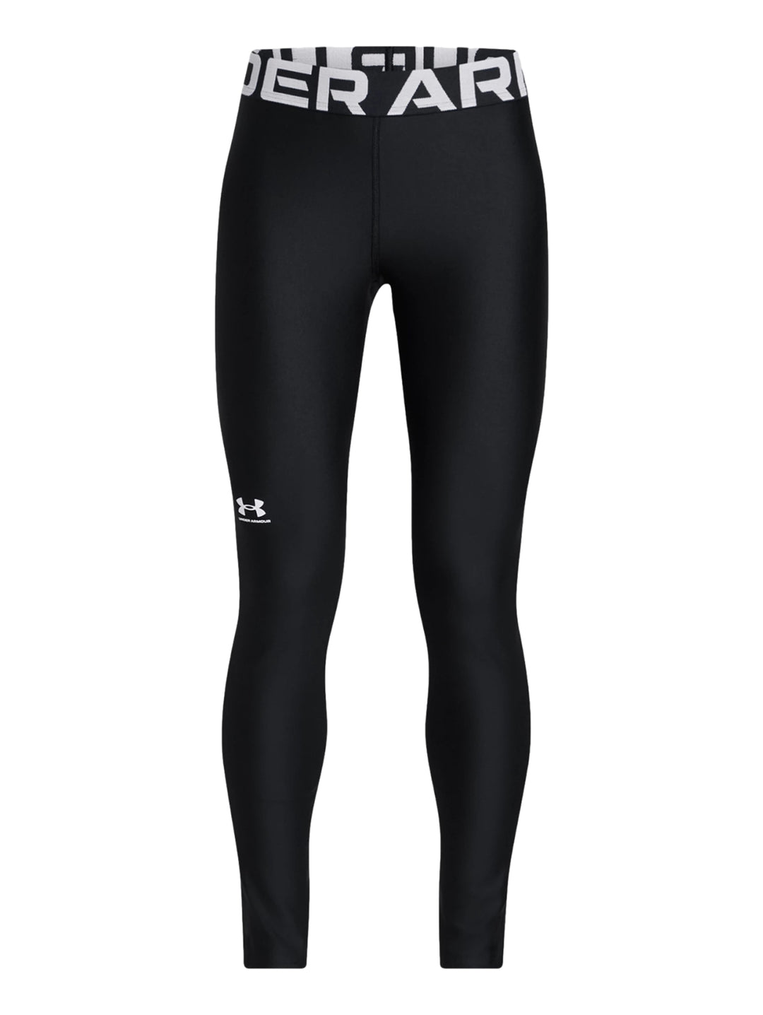 Leggings deportivos Under Armour color negro con banda elástica blanca en la cintura.