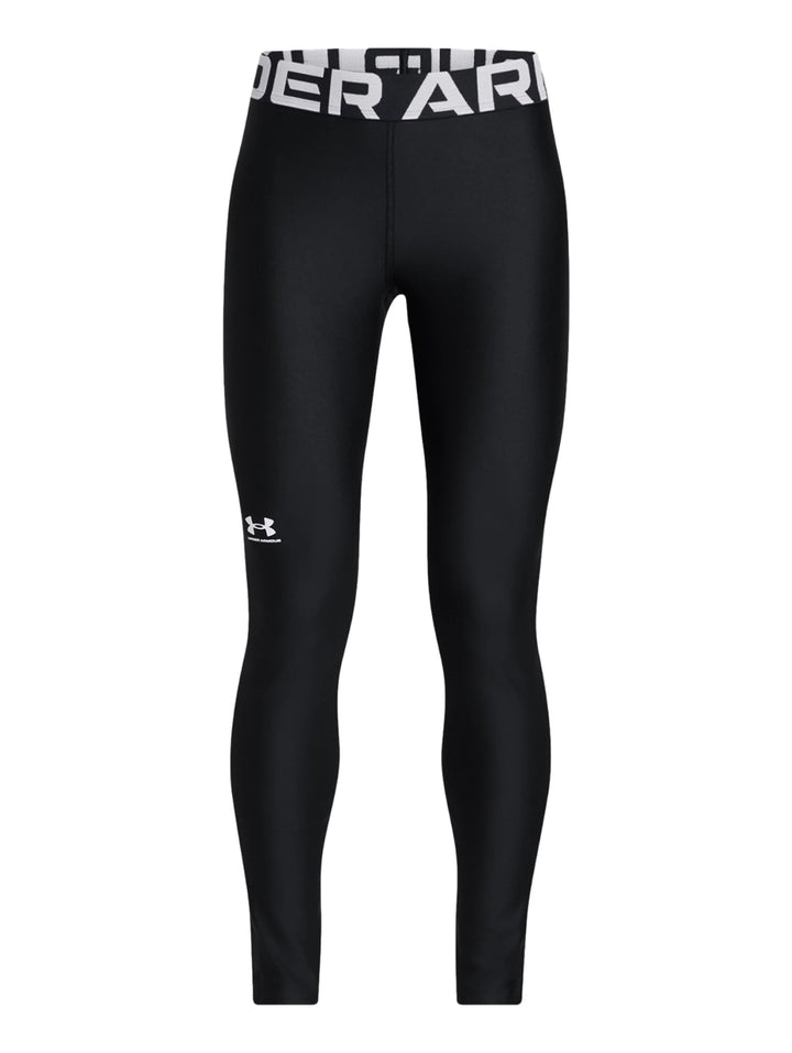 Leggings deportivos Under Armour color negro con banda elástica blanca en la cintura.