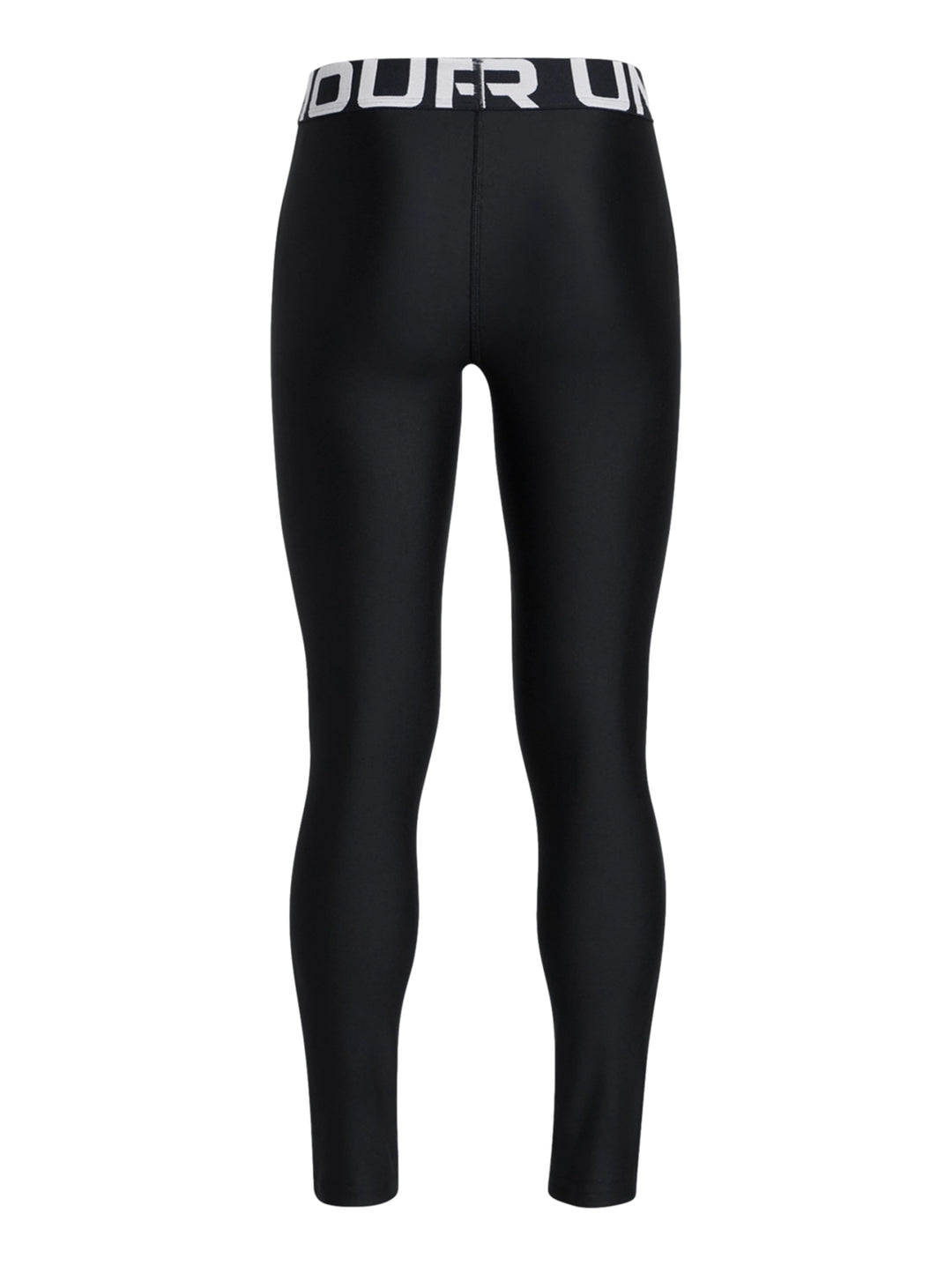 Leggings deportivos Under Armour color negro con banda elástica blanca en la cintura.