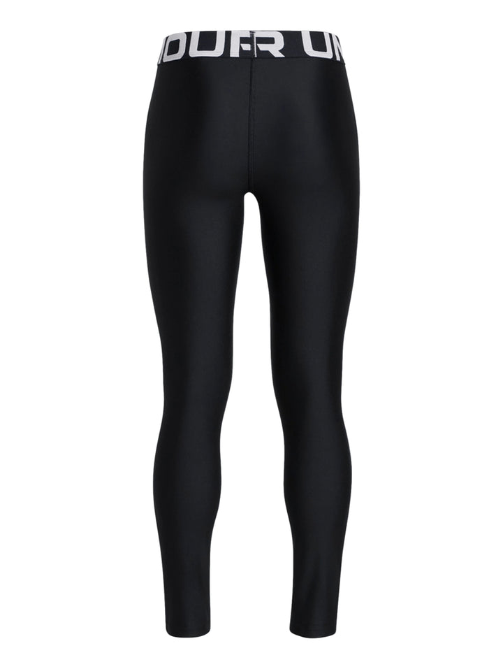 Leggings deportivos Under Armour color negro con banda elástica blanca en la cintura.