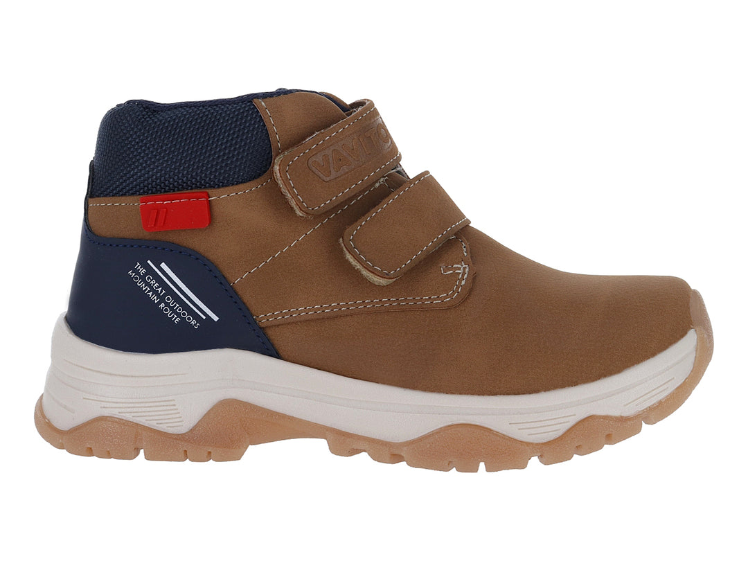 Bota infantil VAVITO color camel con detalles en azul marino y cierre de velcro.