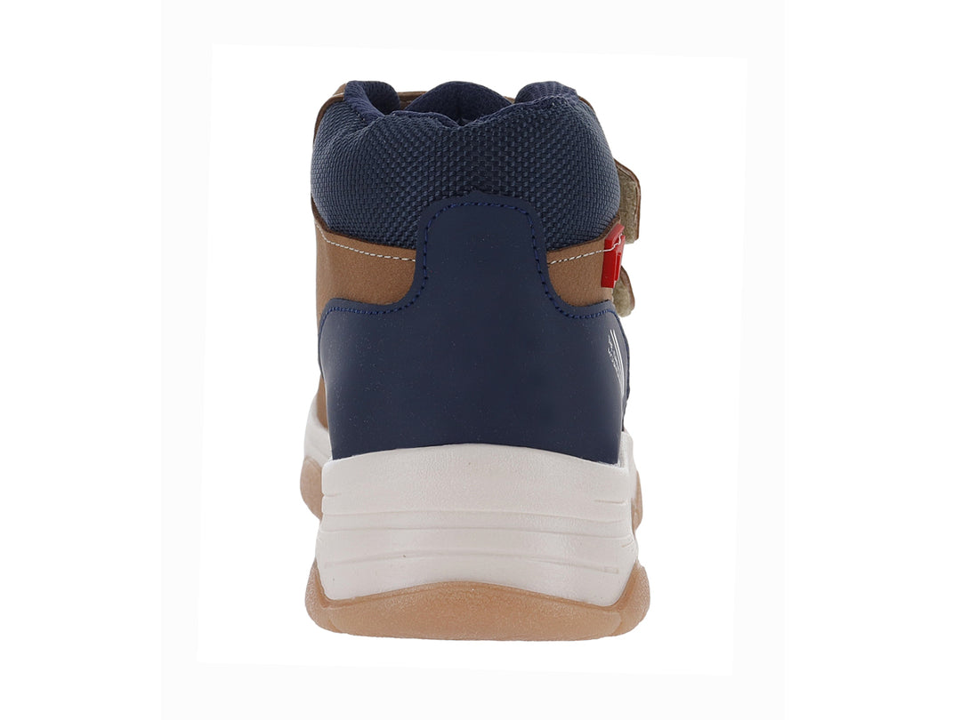 Bota infantil VAVITO color camel con detalles en azul marino y cierre de velcro.