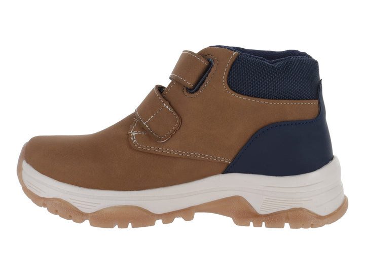 Bota infantil VAVITO color camel con detalles en azul marino y cierre de velcro.