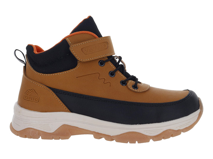 Botines infantiles VAVITO en color camel y negro con cierre de velcro y suela blanca y café.