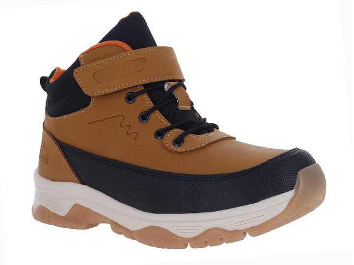Botines infantiles VAVITO en color camel y negro con cierre de velcro y suela blanca y café.