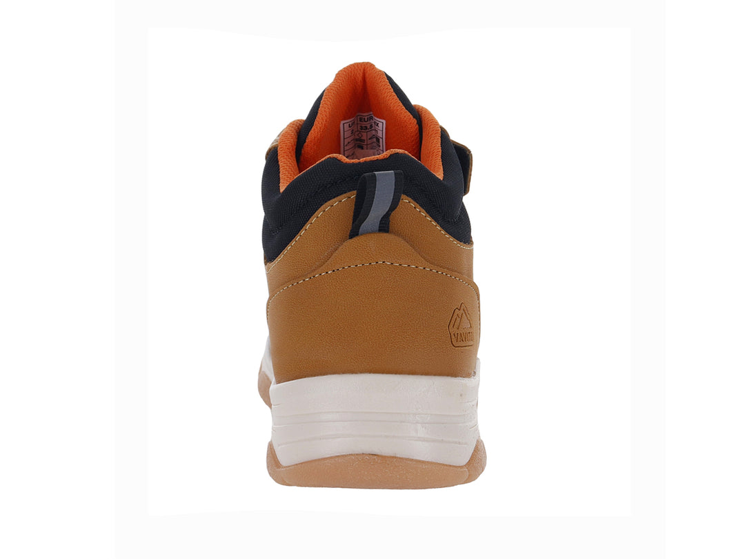 Botines infantiles VAVITO en color camel y negro con cierre de velcro y suela blanca y café.
