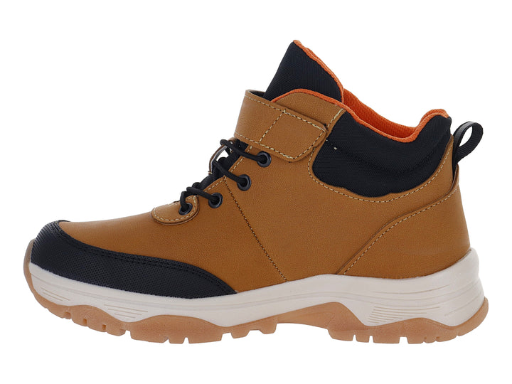 Botines infantiles VAVITO en color camel y negro con cierre de velcro y suela blanca y café.