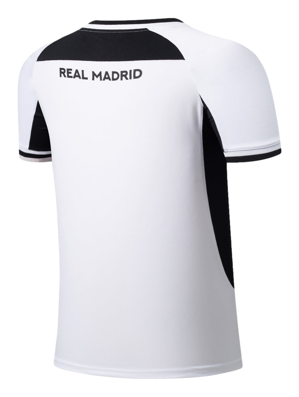 Playera deportiva blanca del Real Madrid con detalles laterales en negro y escudo frontal.