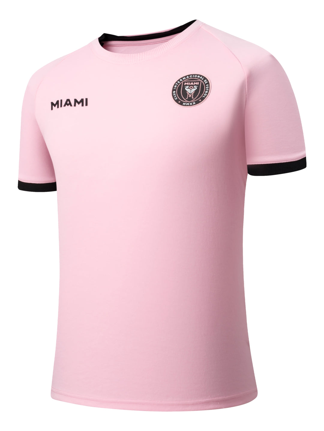 Playera deportiva color rosa con detalles en negro en cuello y mangas, incluye logo circular y texto Miami.
