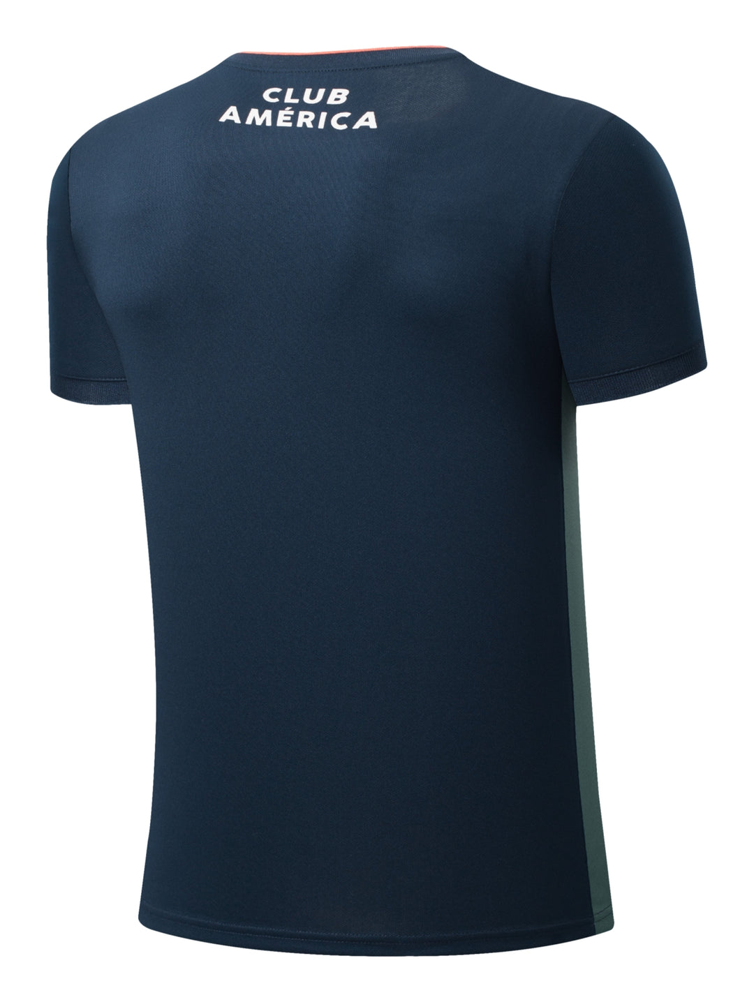 Jersey deportivo azul marino del Club América con detalles naranjas en el cuello.