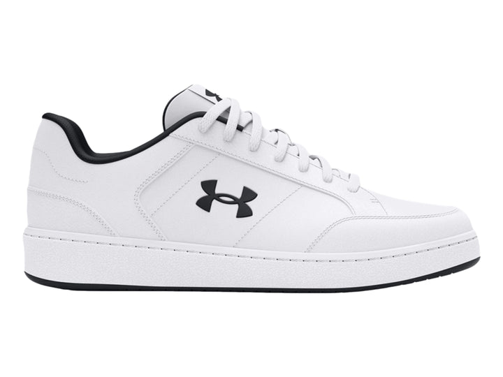 Tenis deportivos Under Armour de color blanco con logotipo y detalles en negro, vista lateral.