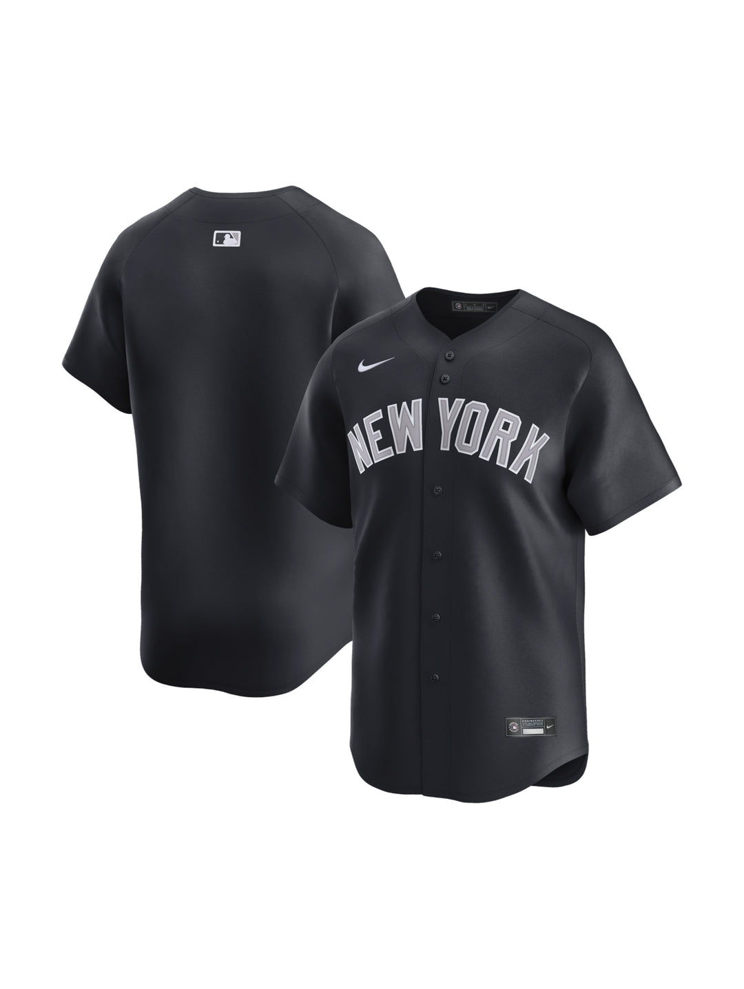 Jersey de béisbol Nike color negro con texto NEW YORK en blanco y logo de MLB en la parte posterior.