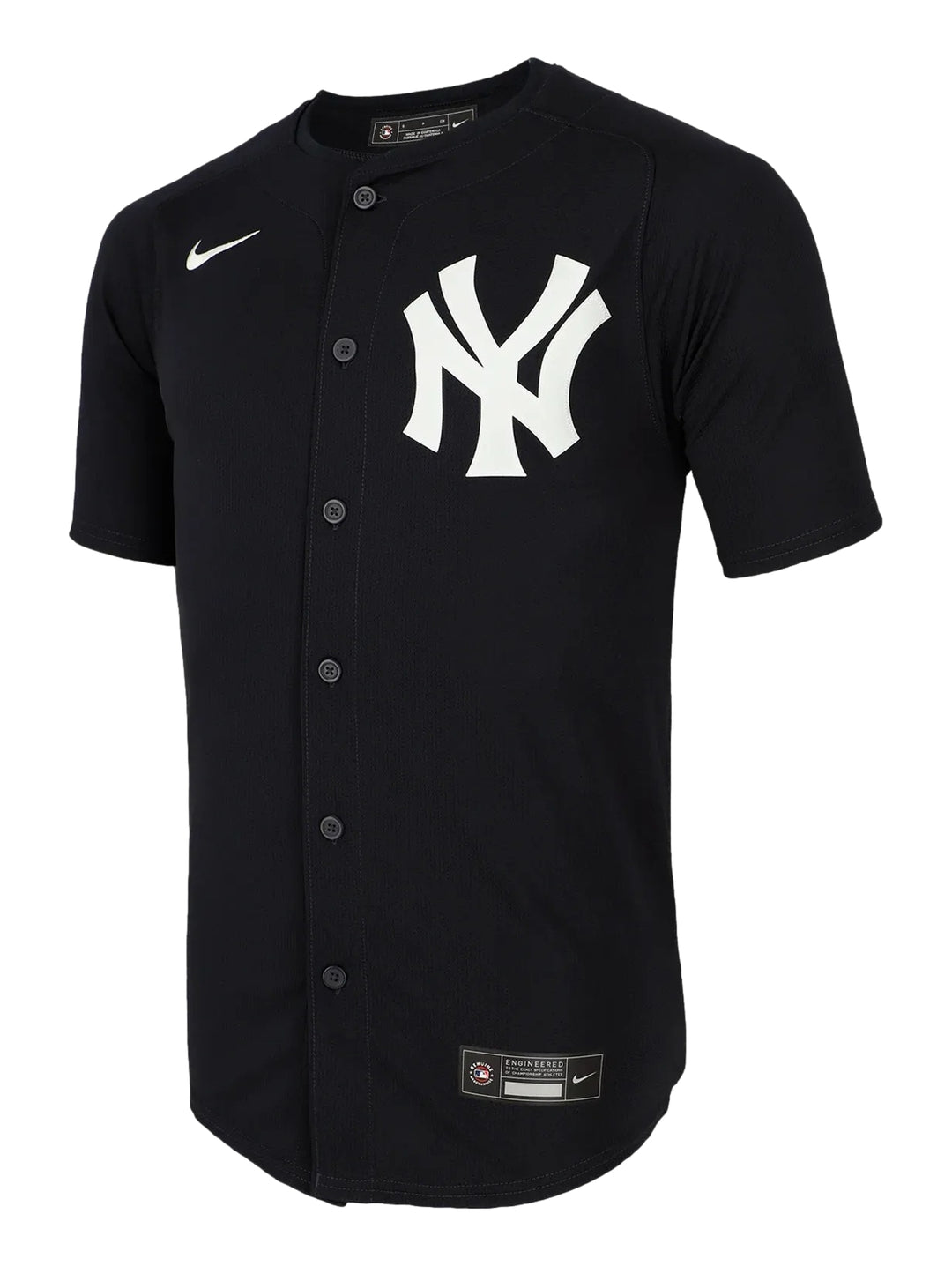 Jersey de béisbol Nike color negro con logotipo de los New York Yankees en blanco y botones frontales.