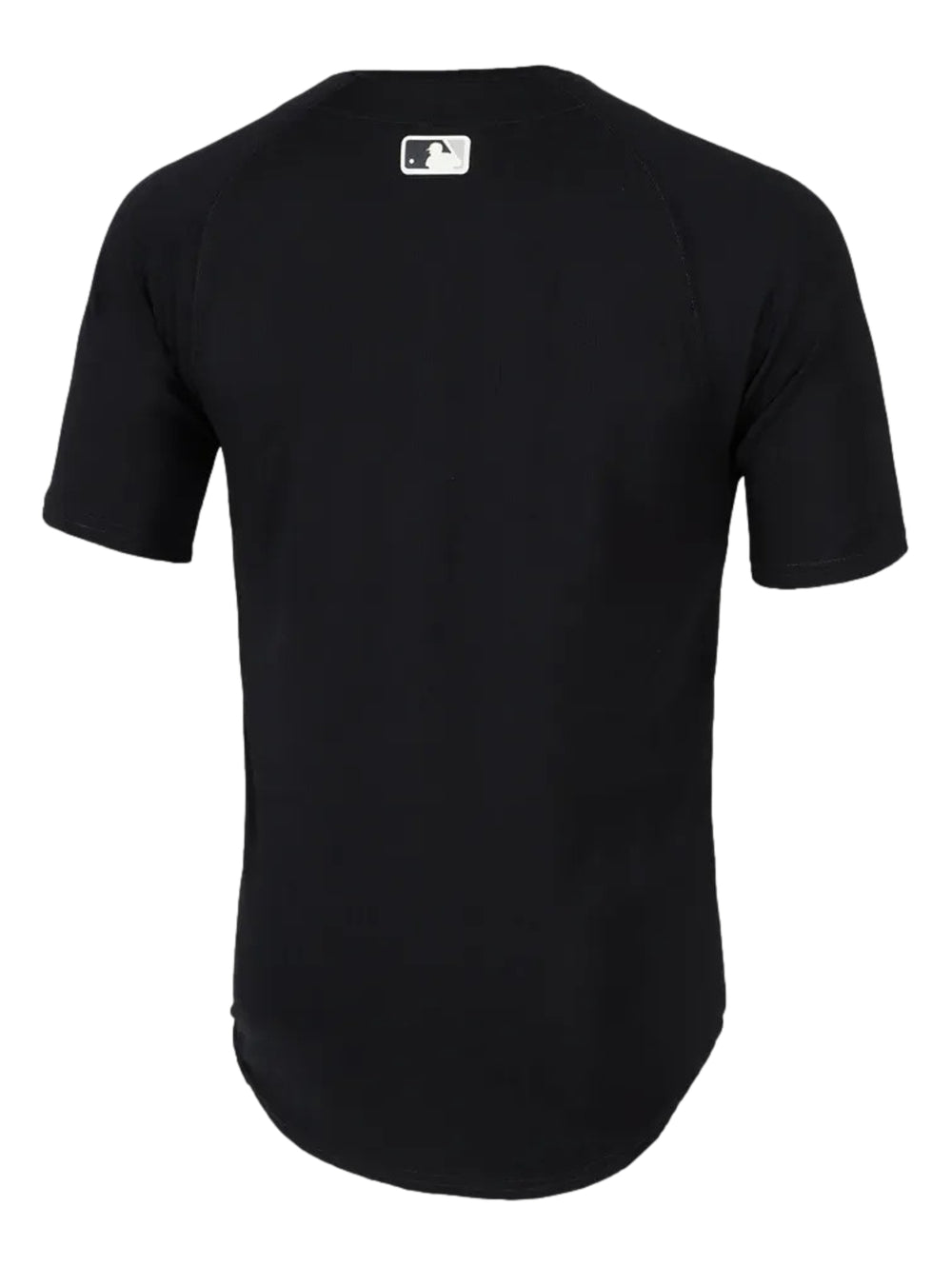 Jersey de béisbol Nike color negro con logotipo de los New York Yankees en blanco y botones frontales.