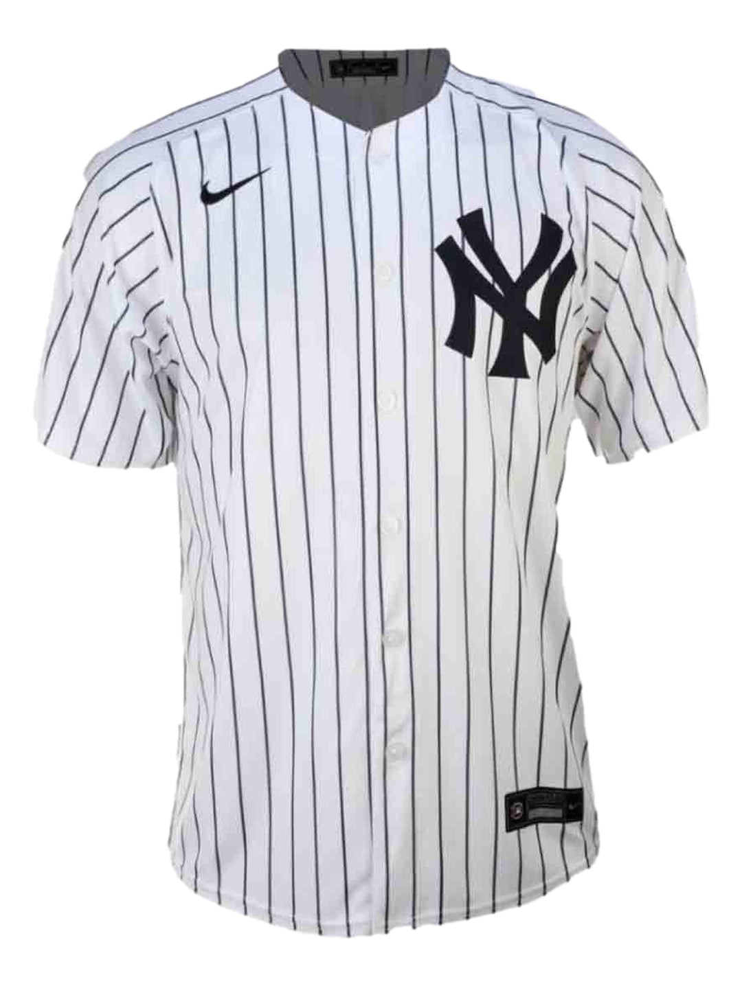 Jersey de béisbol blanco Nike con rayas azul marino y logo de los New York Yankees.