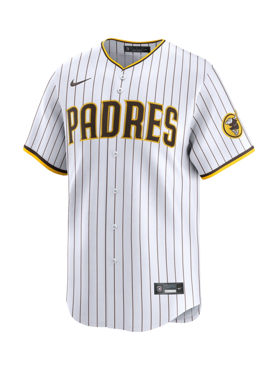 Jersey de béisbol Nike de los San Diego Padres en color blanco con rayas marrones y letras amarillas.