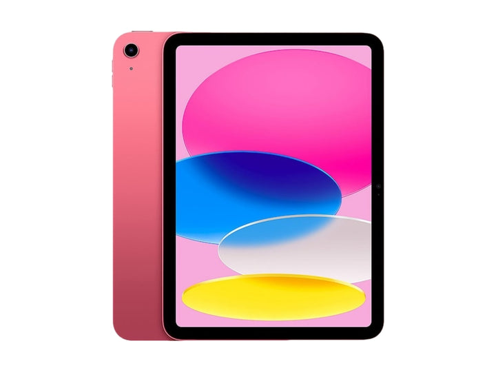 Tablet Apple iPad de color rosa con pantalla encendida mostrando fondo multicolor y bordes negros.