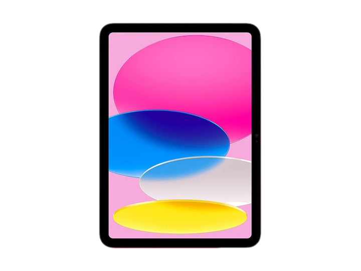 Tablet Apple iPad de color rosa con pantalla encendida mostrando fondo multicolor y bordes negros.