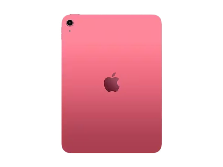 Tablet Apple iPad de color rosa con pantalla encendida mostrando fondo multicolor y bordes negros.