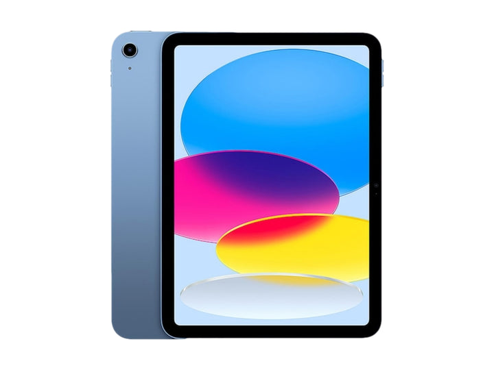 Tablet Apple iPad de color azul con pantalla encendida mostrando fondo colorido y bordes negros.