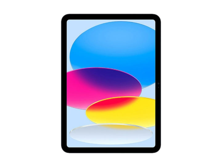 Tablet Apple iPad de color azul con pantalla encendida mostrando fondo colorido y bordes negros.