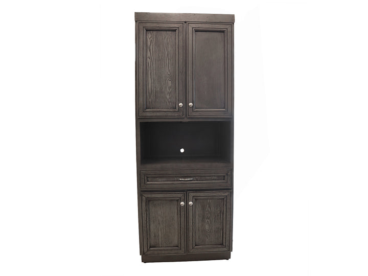 Alacena de madera en color gris oxford con puertas superiores e inferiores, un espacio abierto central y un cajón.