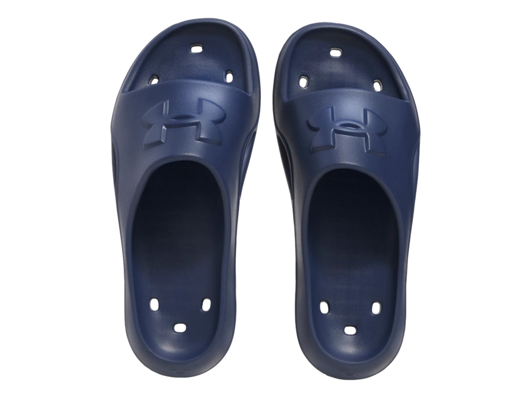 Sandalia tipo slide Under Armour en color azul marino con acabado mate.