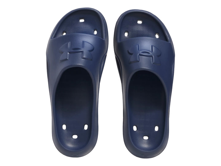 Sandalia tipo slide Under Armour en color azul marino con acabado mate.