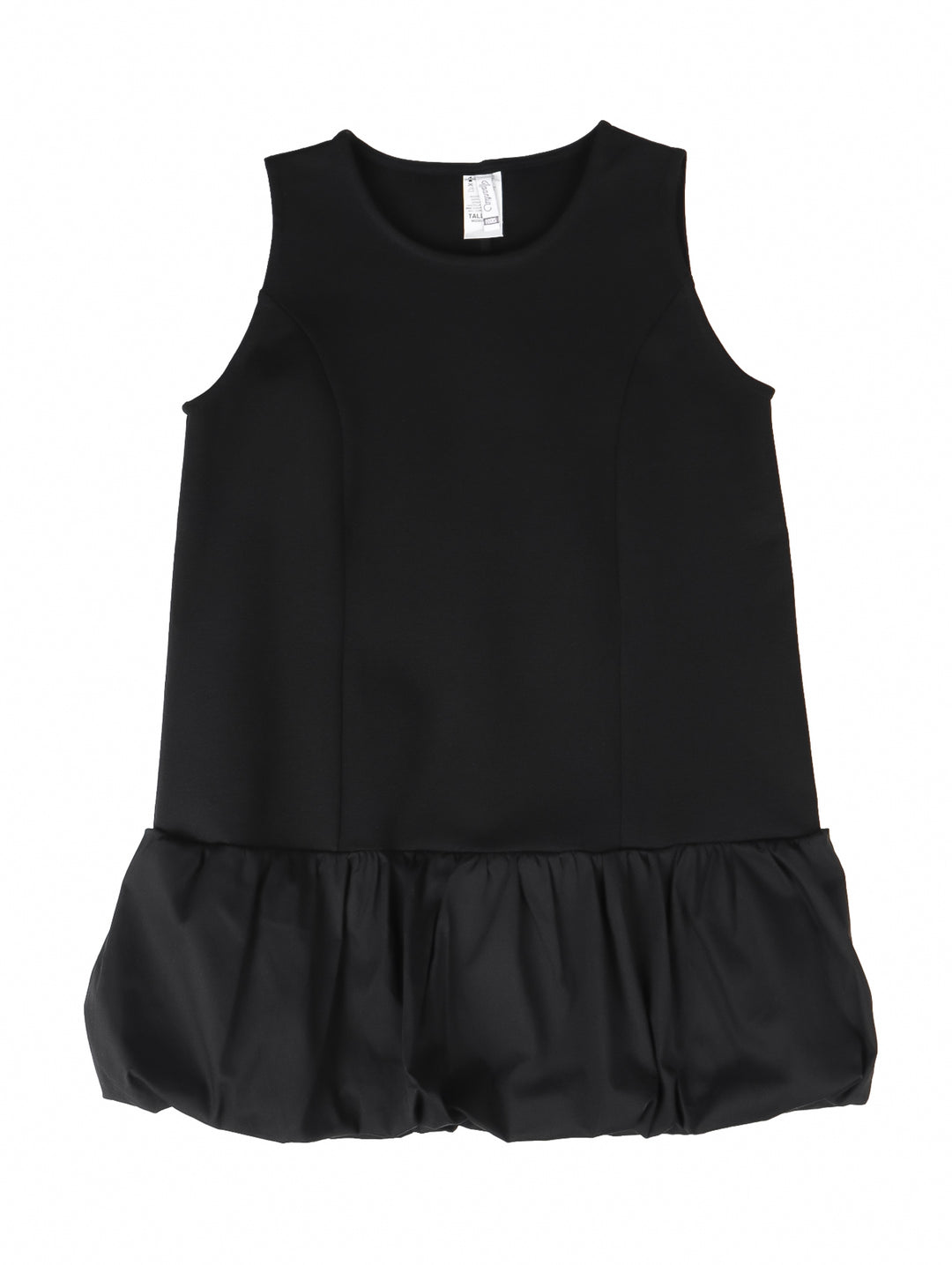 Vestido negro sin mangas para niña con falda fruncida de acabado brillante.
