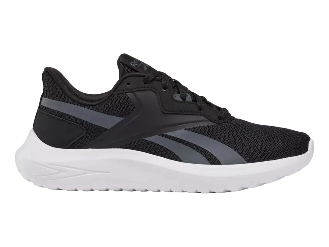 Tenis deportivos Reebok Energen Lux en color negro con suela blanca y detalles en gris.