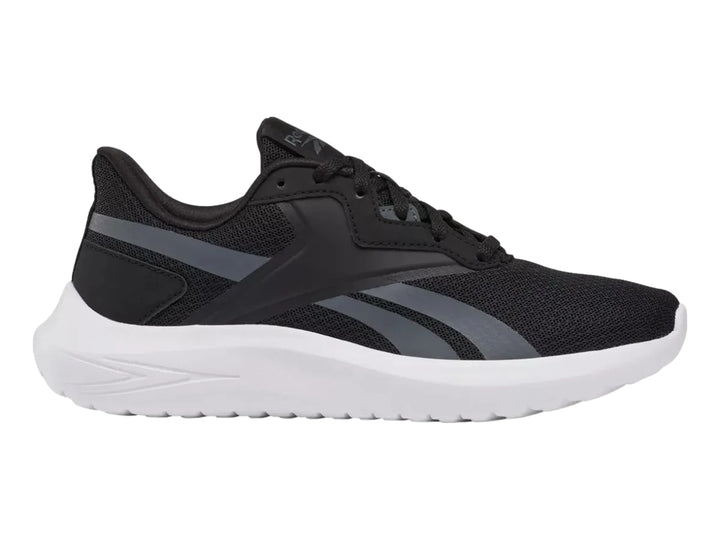 Tenis deportivos Reebok Energen Lux en color negro con suela blanca y detalles en gris.