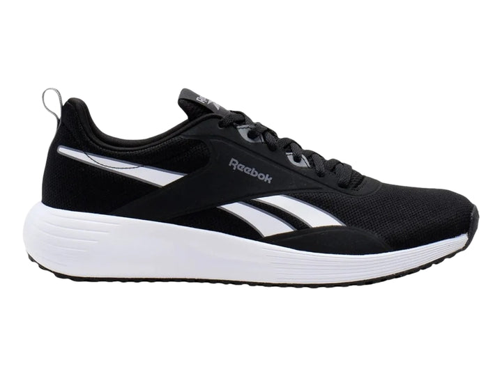 Tenis deportivos Reebok color negro con suela blanca y detalles laterales blancos.