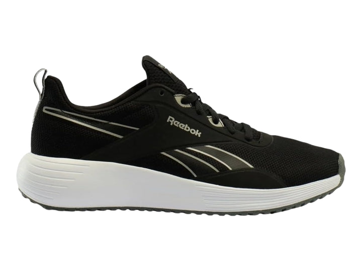Tenis deportivos Reebok color negro con suela blanca y detalles en plata.