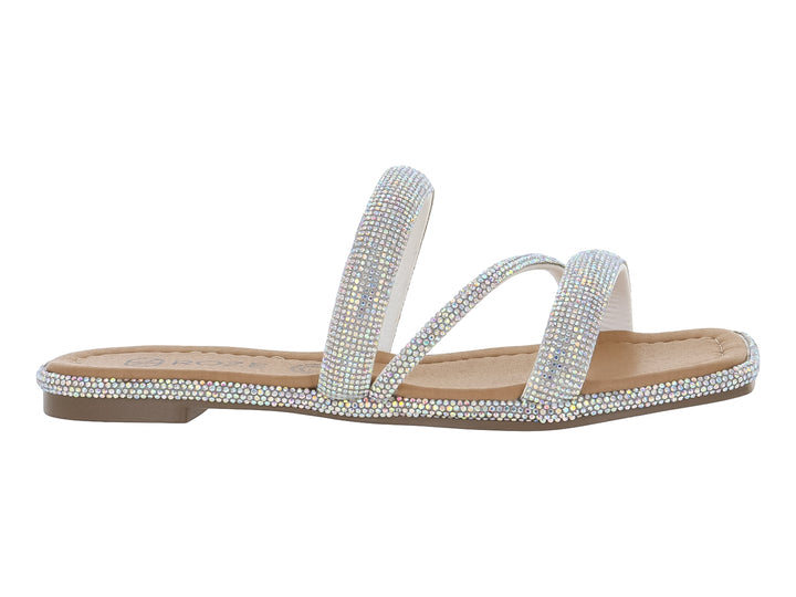 Sandalias planas color tornasol con tiras y bordes decorados con cristales brillantes.